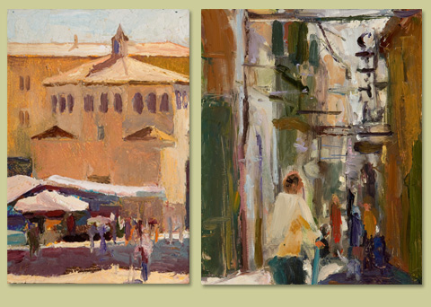 left - Baptistery at Noon, oil on canvas by J. Bombaci; right - Alleyway, oil on panel by K. Smith 
